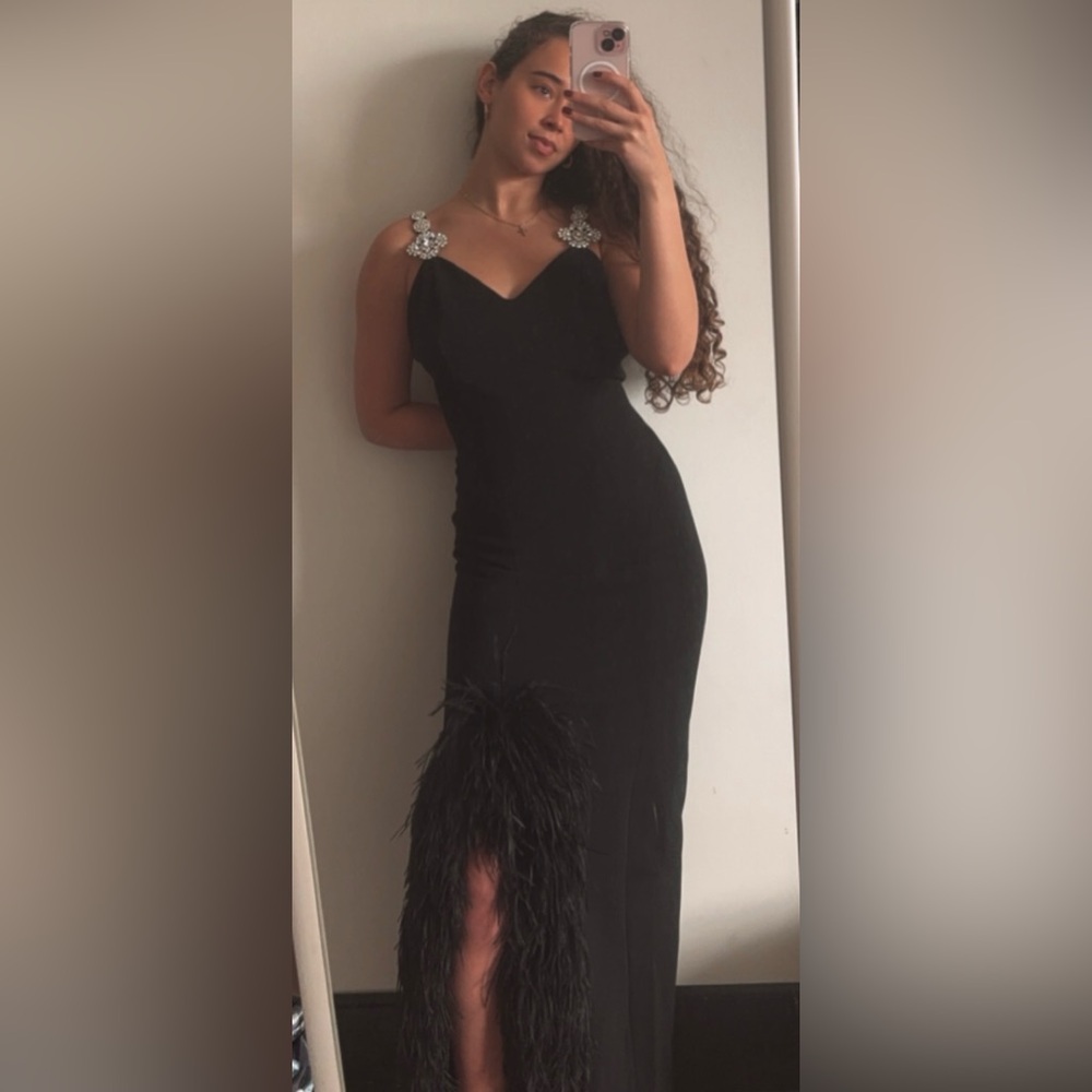 Vintage 90s Lillie Rubin Black Crystal Detailed Strap Feather Slit Evening Gown - Picture 1 of 17